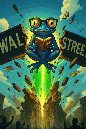 an illustration of a frog reading a book between two wall street signs