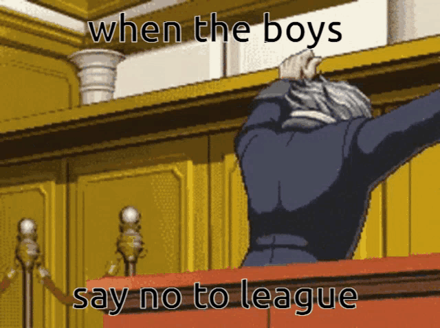 a cartoon of a man standing in a courtroom with the caption when the boys say no to league
