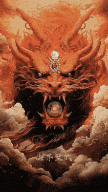 a painting of a dragon with chinese writing in the background