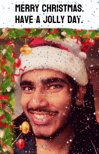 a man wearing a santa hat with the words merry christmas have a jolly day above him