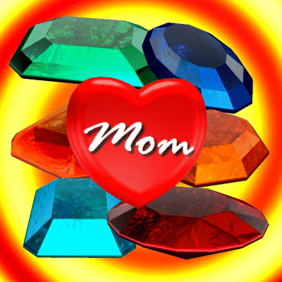 a red heart with mom written on it surrounded by colorful gems