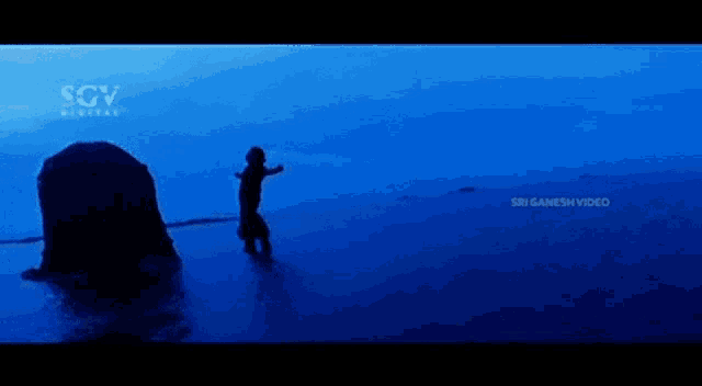 a silhouette of a person standing on a beach with a sgv logo on the bottom left
