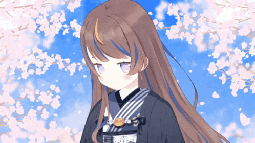 a girl with long brown hair and purple eyes is standing in front of a tree with flowers