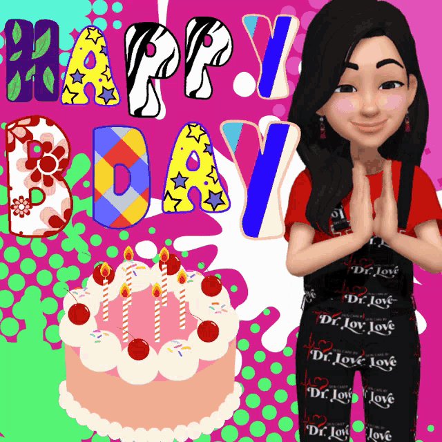 a birthday card with a girl and a cake that says happy day