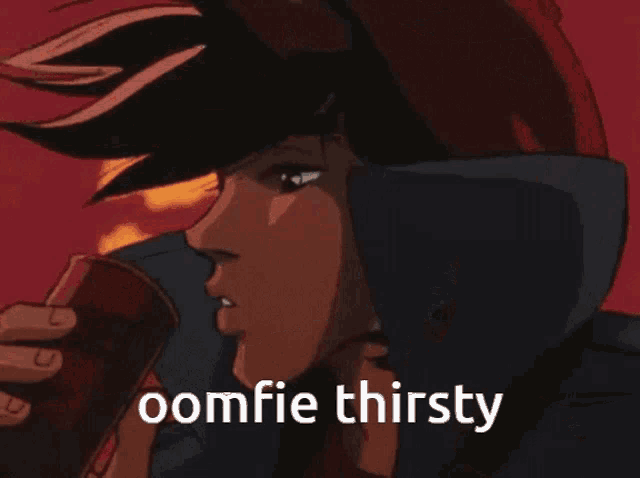 a cartoon of a man drinking from a bottle with the words oomfie thirsty above him