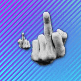 a person 's hand is giving the middle finger on a blue and purple striped background .