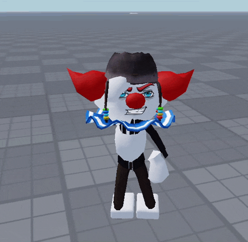 a clown with a red nose is standing on a gray tiled floor