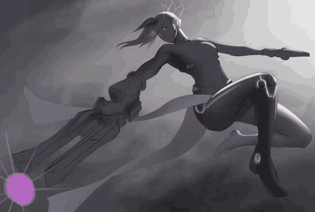 a drawing of a woman holding a sword and a purple object