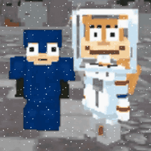 a pixel art drawing of a man in a blue suit and an astronaut in a white suit