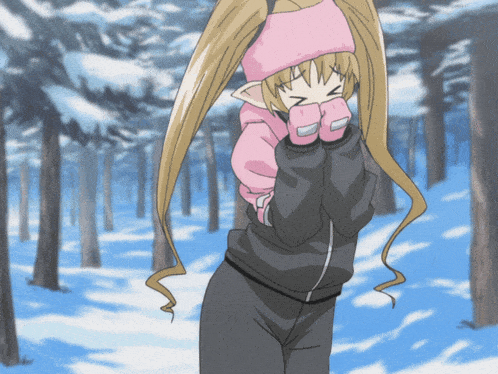 a girl wearing a pink hat and gloves is standing in a snowy forest