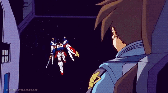 a man in a space suit looks at a robot flying through the air