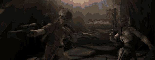 two people are fighting with lightsabers in a cave