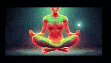 a colorful illustration of a woman sitting in a lotus position with her legs crossed