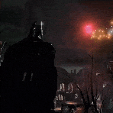 a video game character named batman is standing in a dark room