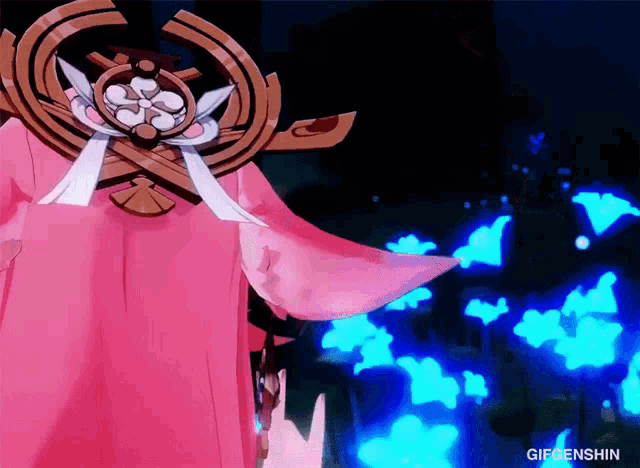 a video game character wearing a pink robe and a mask