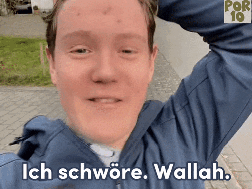 a man in a blue jacket says ich schwore