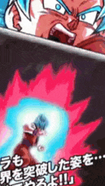 a cartoon of a man with blue hair and a red and blue explosion behind him .