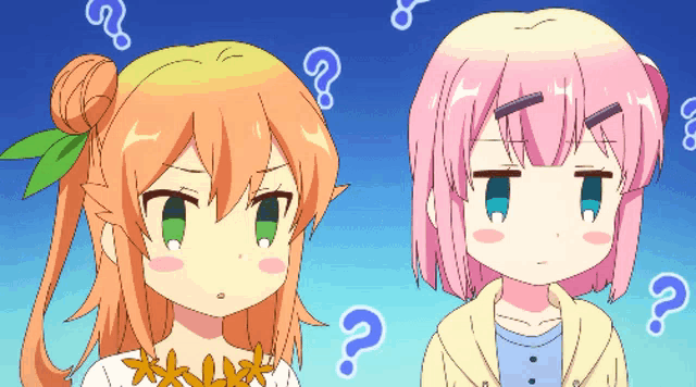 two anime girls standing next to each other with question marks around them