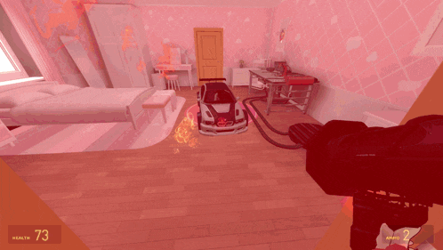 a screenshot of a video game shows a car on fire and the health is 73