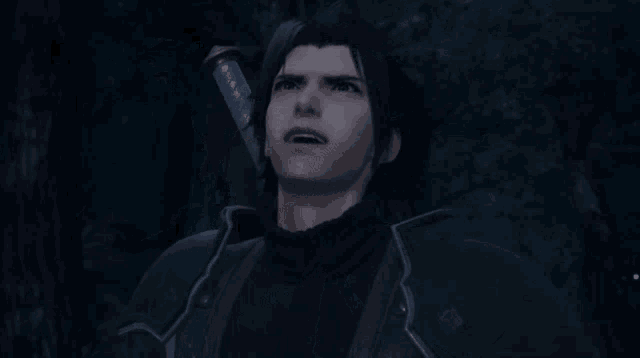 a video game character is standing in a dark forest