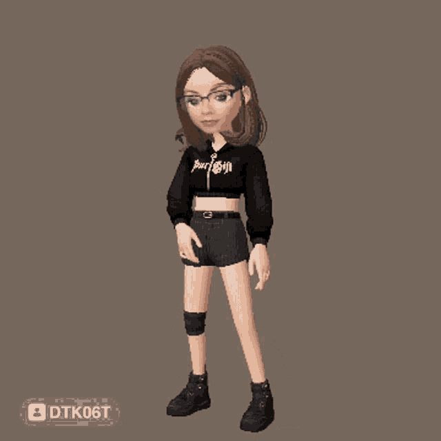 a cartoon girl wearing a black crop top and shorts with the letters dtk06t on the bottom right