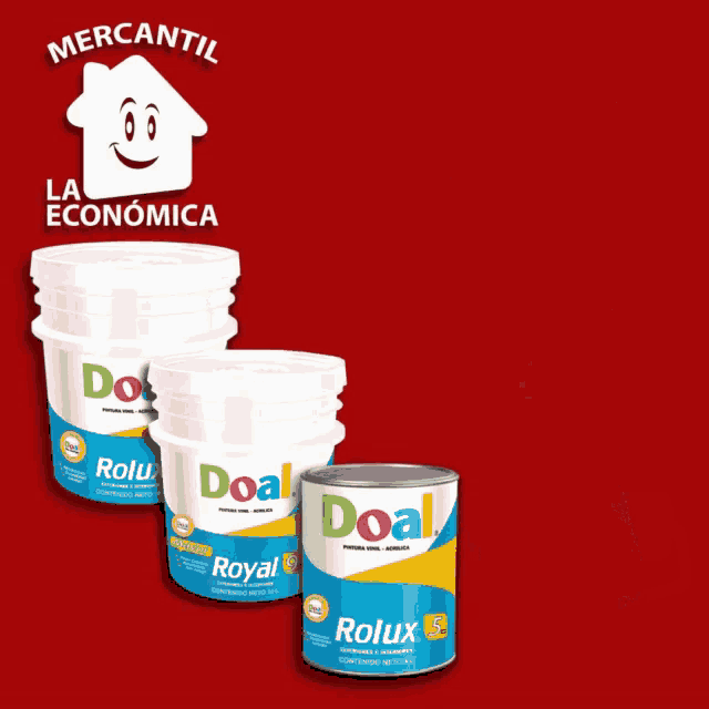 three buckets of doal rolux paint and a paint roller on a red background