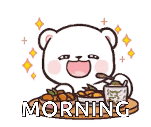 a cartoon of a bear eating a meal with the word morning written on it