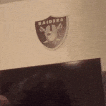 a person is taking a picture of a raiders logo on a wall .