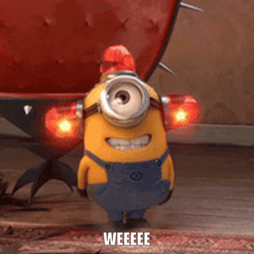 a minion with a red light on his head and the word weeee below him
