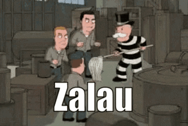 a cartoon of a man in a top hat mopping the floor with the word zalau written in white
