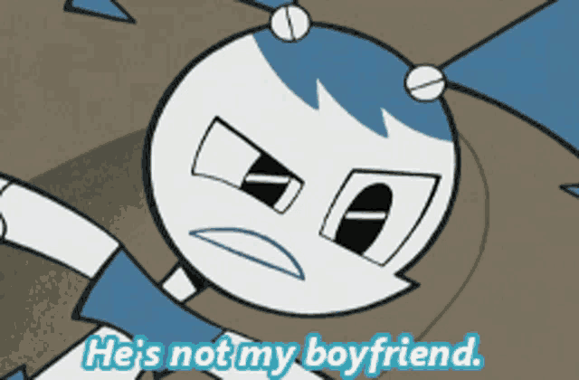 a cartoon character with the words he 's not my boyfriend on the bottom