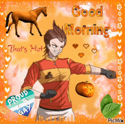 a picture of a man holding a pumpkin with the words good morning