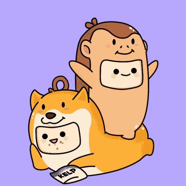 a cartoon drawing of a dog and a monkey with a bag of kelp