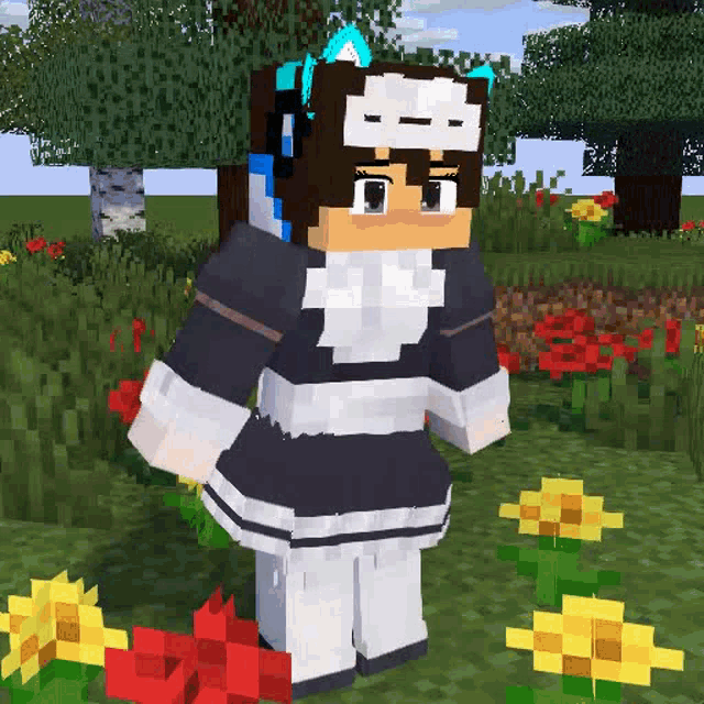 a minecraft character wearing a maid outfit is standing in a field of flowers