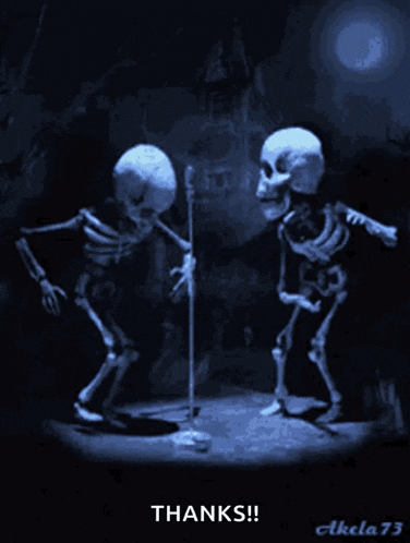 a couple of skeletons dancing in front of a microphone with the words thanks written below them