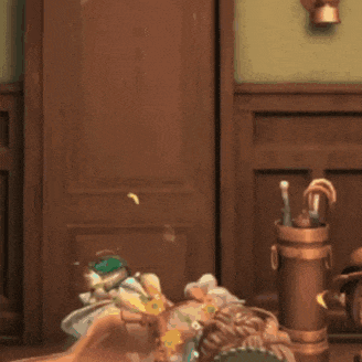 a cartoon character wearing a hat and a dress is standing in front of a wooden door .