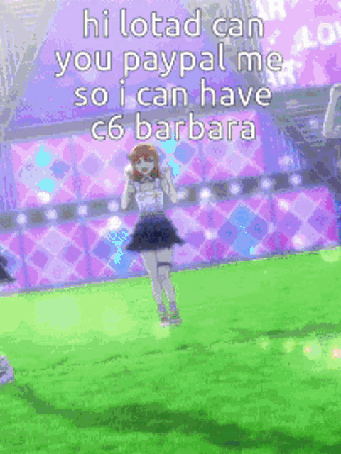 a girl is dancing in front of a purple background and says hi lotad can you paypal me