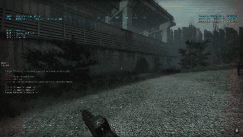 a screenshot of a video game shows a person holding a gun in a dark room
