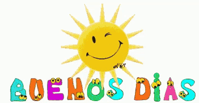 a cartoon sun with a smiley face and the words buenos dias