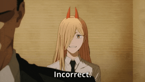 a woman with horns is talking to a man with the words incorrect behind her