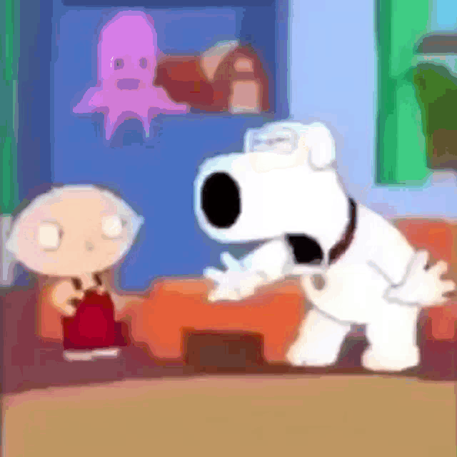 stewie and brian from family guy are standing next to each other in a living room .