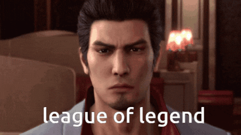 a man with a beard is looking at the camera with the words league of legend behind him