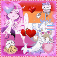 a collage of pink and white cartoon characters with hearts
