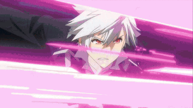 a man with white hair and red eyes is surrounded by a purple beam