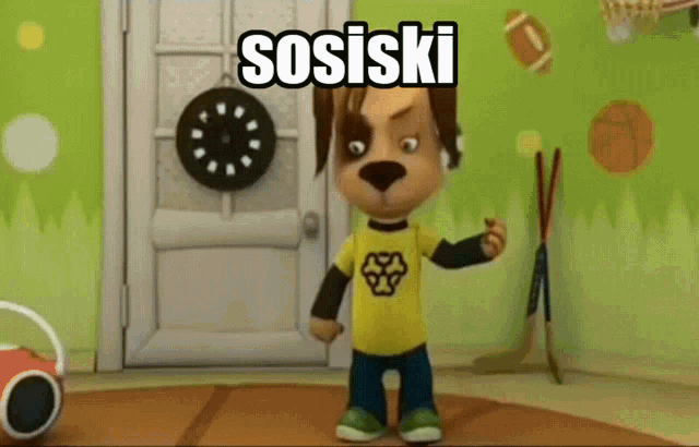 a cartoon dog wearing headphones and a yellow shirt with the word sosiski written on it
