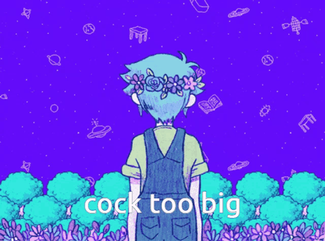 a cartoon of a boy with a flower crown on his head and the words cock too big