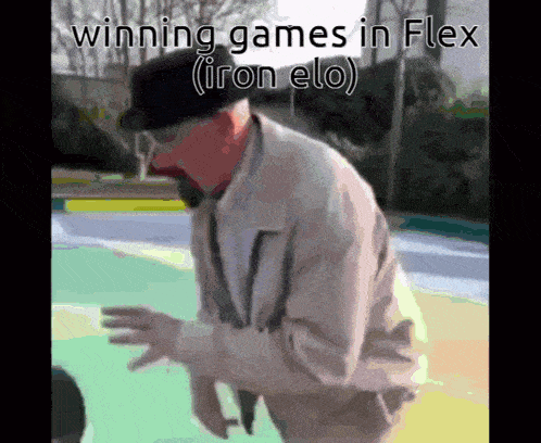a man in a trench coat is standing in front of a trampoline with the words winning games in flex iron elo