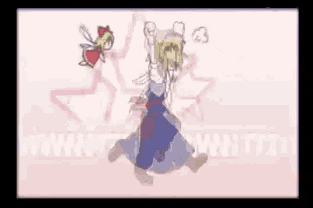 a cartoon of a girl dancing with a fairy in the background