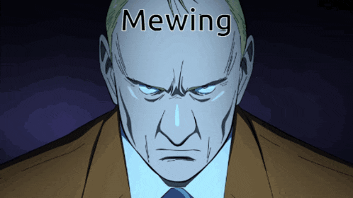 a man in a suit and tie with the word mewing on his head