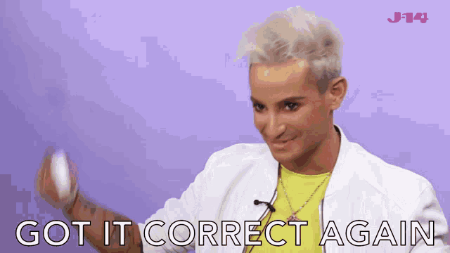 a man in a white jacket is holding a ball and says got it correct again